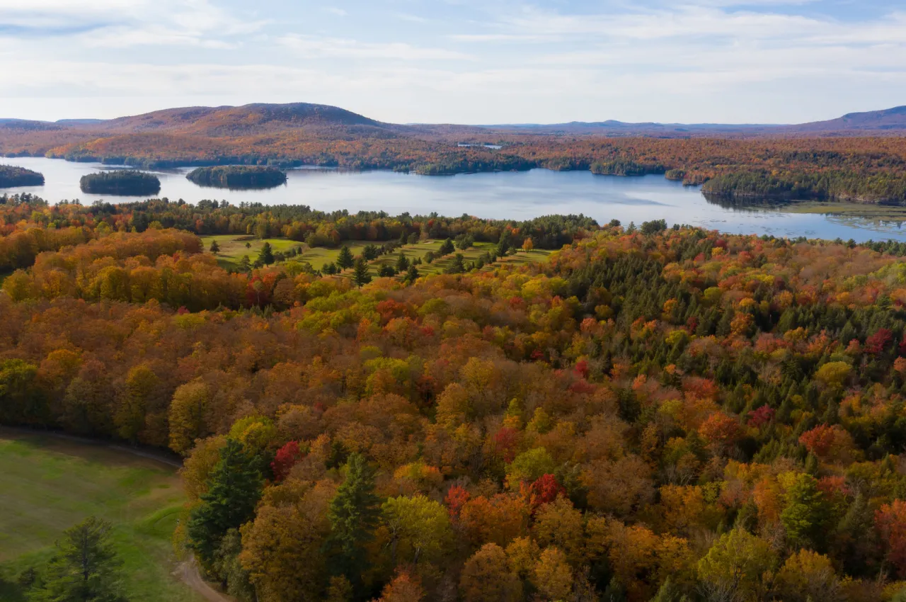 Aerial view of Tupper Lake in the fall