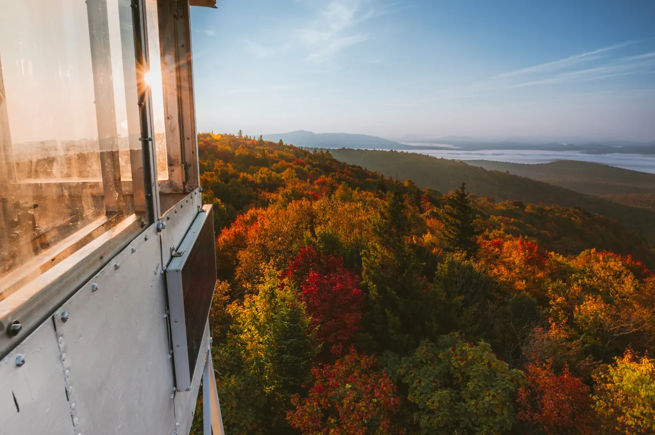 Looking out of the fire tower on Mt Arab to peak foliage.