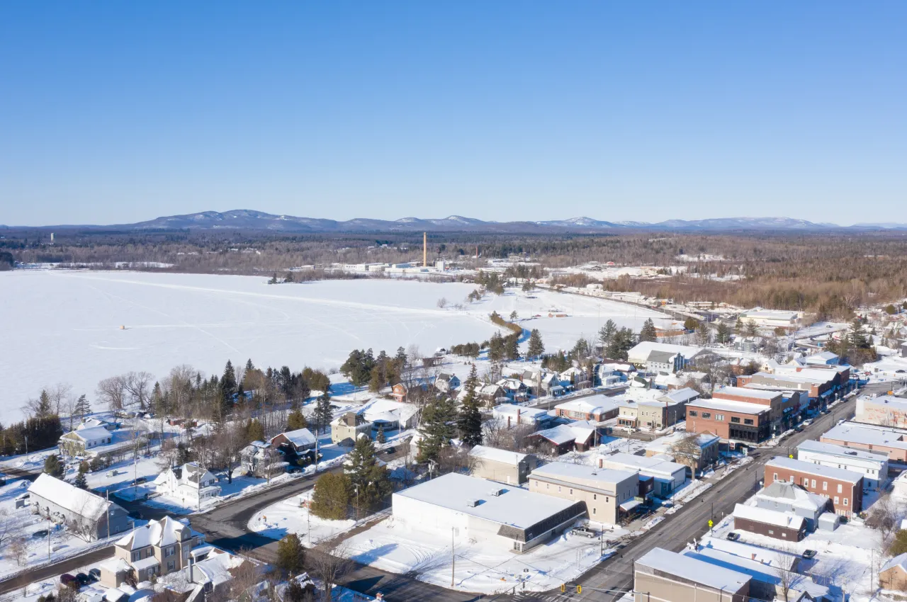 A scenic aerial shot of the Park Street Business District in Tupper Lake.