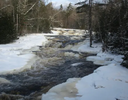 A cascading part of a river in the winter