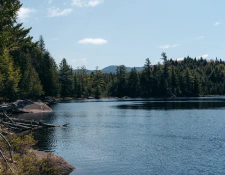 A view over a small pond of the distance mountains