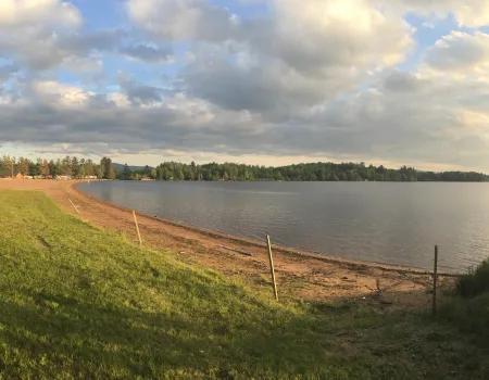 A beach at sunset