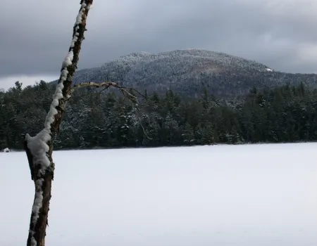 Frozen Stony Creek Ponds with the view of a mountain.