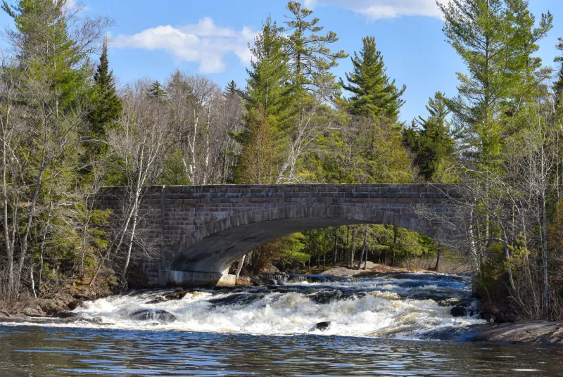 a river rushes under a stone bridge on a sunny spring day in the forest.