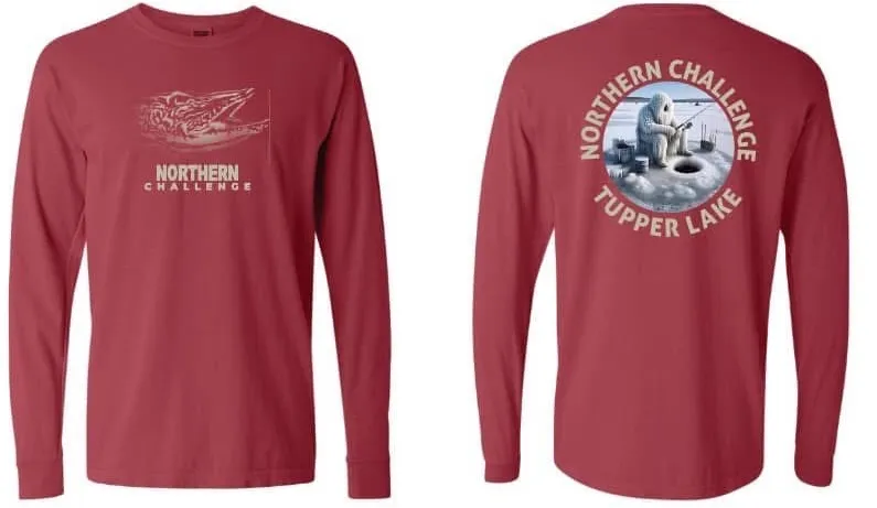 Front and back views of a crimson long-sleeve tshirt promoting the Northern Challenge.