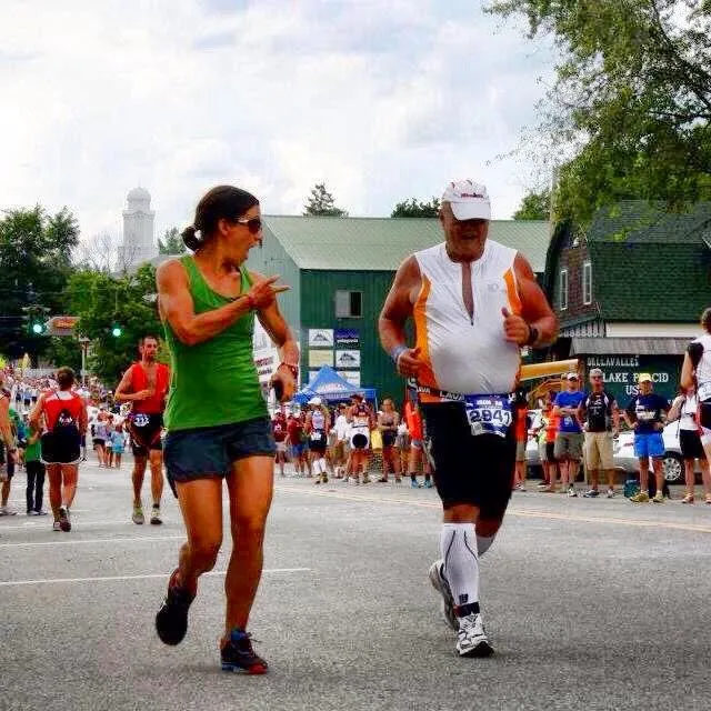 Amy Farrell with her late friend Stu McCulloch, an athlete Amy coached and she notes inspired her to compete in Ironman Lake Placid again. Stu passed away in 2013.