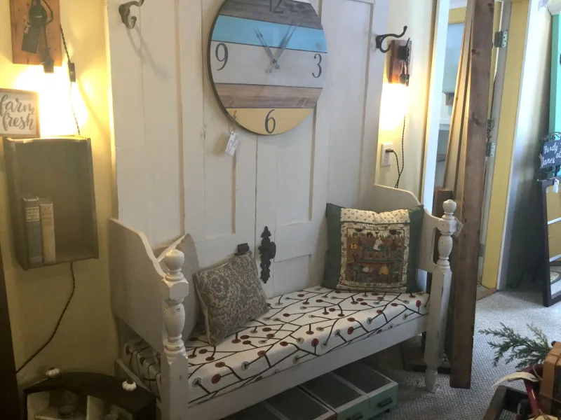 This hatrack bench is made from old doors, complete with hardware.