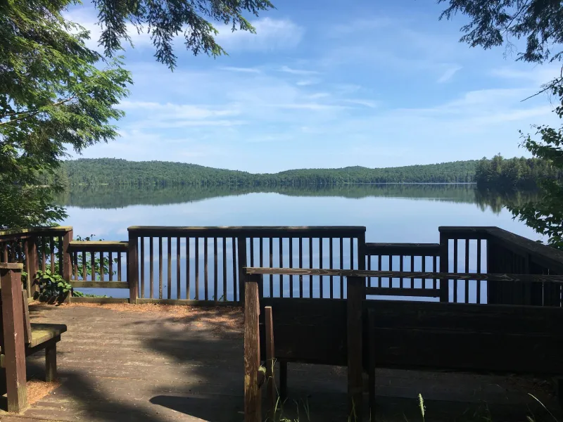 A wooden platform overlooking a calm and still lake with a green forested shoreline.