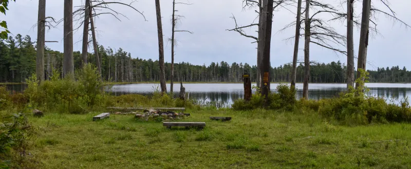 A campsite with a large fire pit and wooden benches.