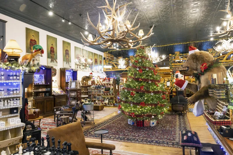 The interior of an Adirondack-style shop.