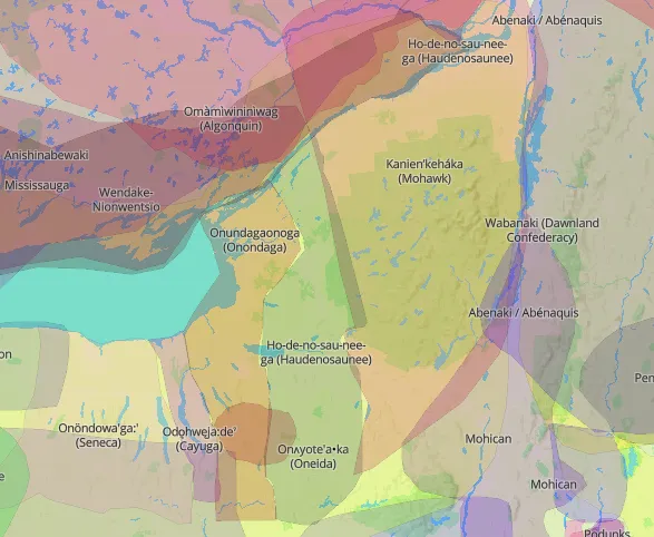 A map of New York indicating the traditional homelands of Indigenous people.