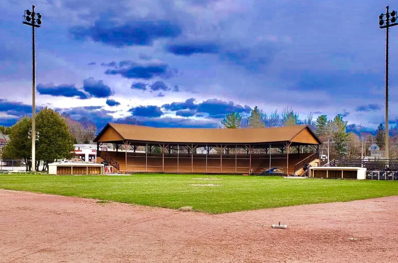 A view of the River Pigs field from second base with the fan seating in the backgroud.