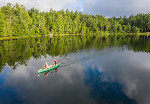 An aerial view of two people paddling a green canoe on a calm lake surrounded by trees.
