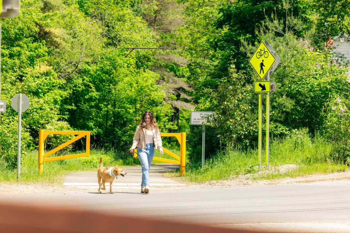 a woman walks her dog with a bandana.