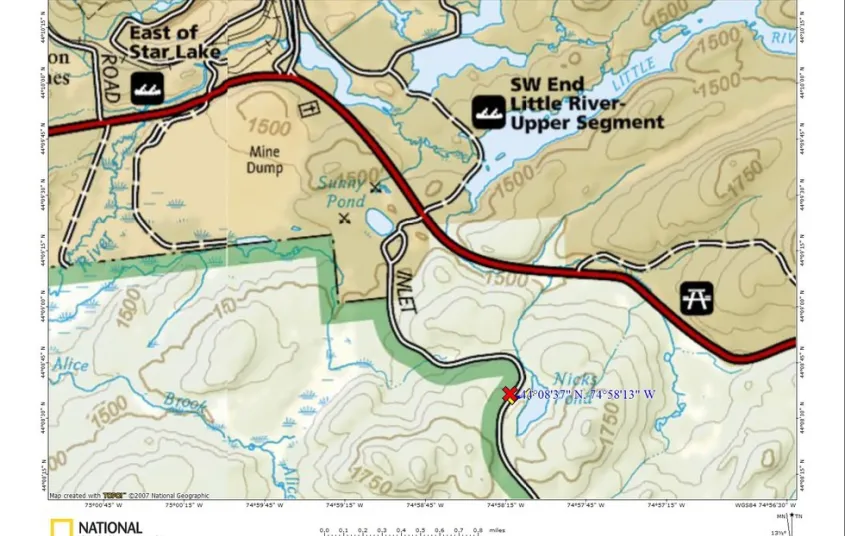 A map with a main road and some ponds