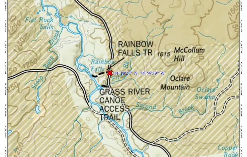 A map showing a river and some small hiking trails