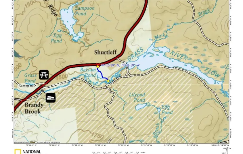 A map showing a main road and some waterways